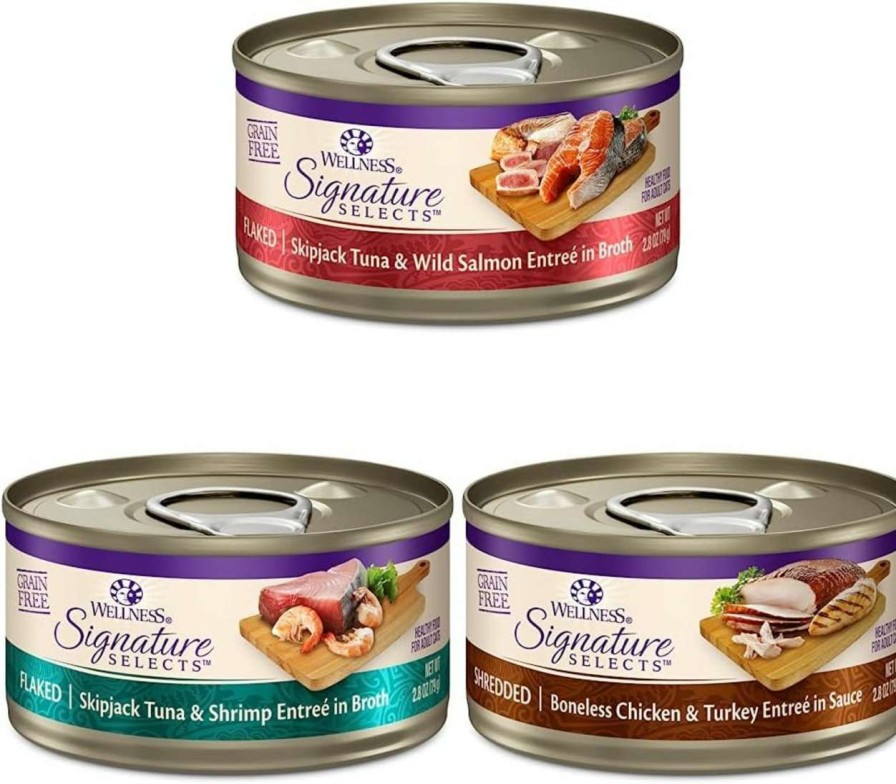 cat food Wellness | Wellness Core Grain-Free Signature Selects Wet Cat Food 2.8 Ounce Can, 36 Count Variety Pack: Flaked Skipjack Tuna & Wild Salmon + Flaked Skipjack Tuna & Shrimp + Shredded Chicken & Turkey