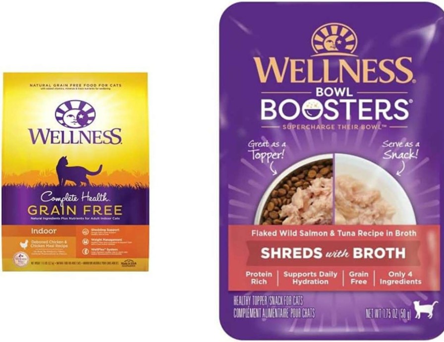 cat food Wellness | Bundle Of Wellness Complete Health Grain-Free Indoor Deboned Chicken Recipe Dry Cat Food, 11.5 Pound Bag + Bowl Boosters Wet Cat Food Topper, Flaked Salmon & Tuna In Broth, 1.75 Ounce (Pack Of 12)