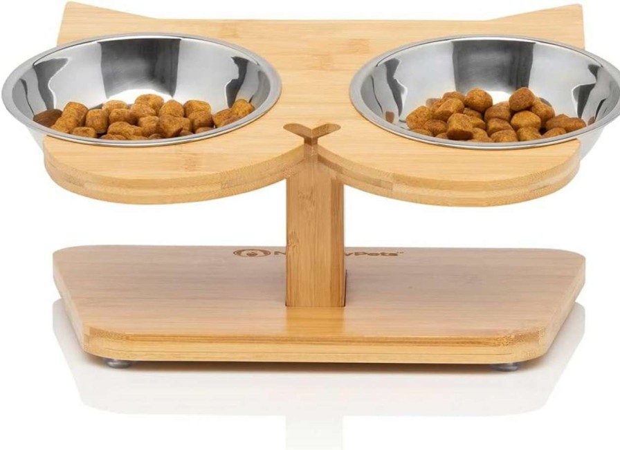 cat food NibbleyPets | Nibbleypets Elevated Cat Bowl Stand - 2 Stainless Steel Cat Bowls For Food & 12 Bamboo Raised Pet Feeder With Anti Slip Feet - Perfect Ergonomic Anti Vomit Tilted Cat Food Bowls For Cats