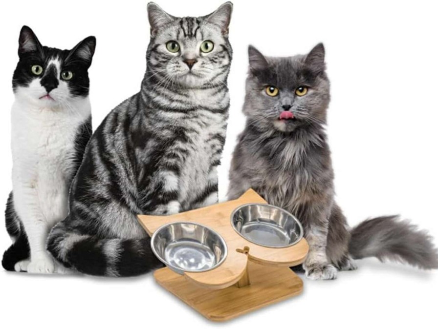 cat food NibbleyPets | Nibbleypets Elevated Cat Bowl Stand - 2 Stainless Steel Cat Bowls For Food & 12 Bamboo Raised Pet Feeder With Anti Slip Feet - Perfect Ergonomic Anti Vomit Tilted Cat Food Bowls For Cats