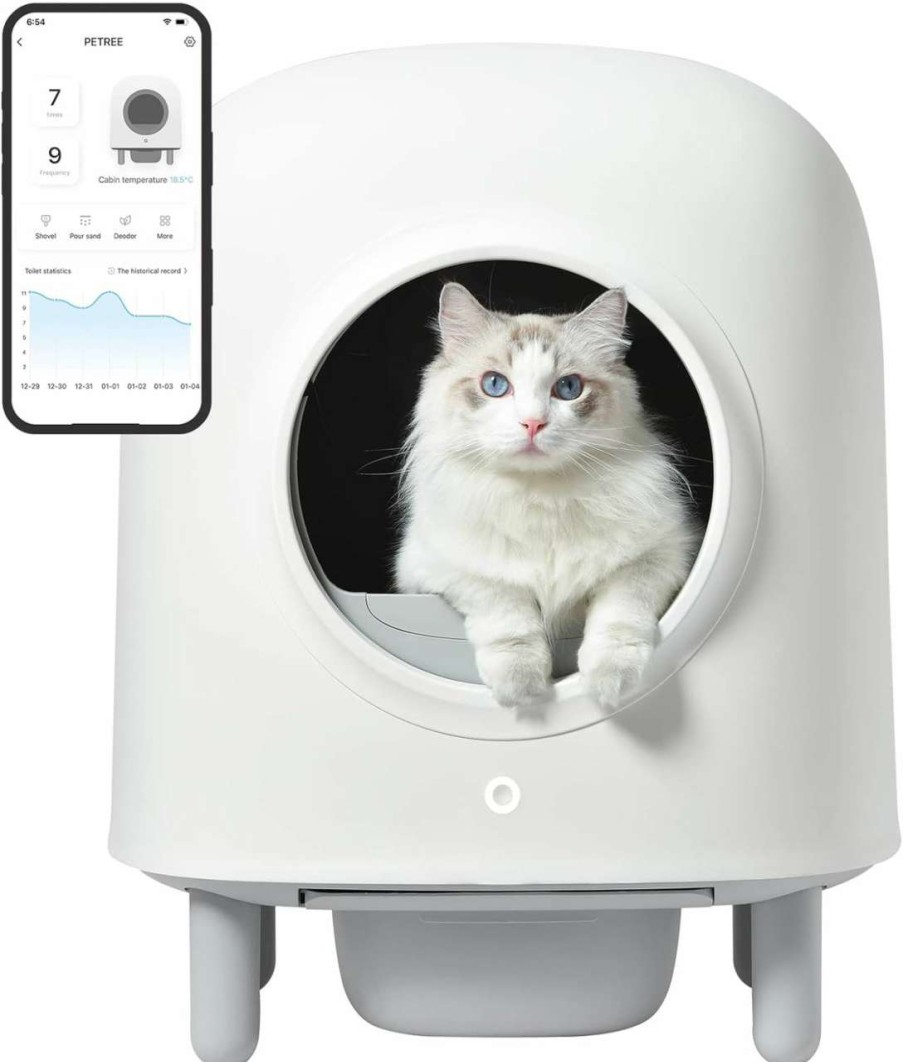 cat litter RoundT2 | Petree Self Cleaning Cat Litter Box With Cat Scratching Ramp, Automatic Cat Litter Box With App Control, 100% Safe, Odor Removal, Large Space For Multiple Cats