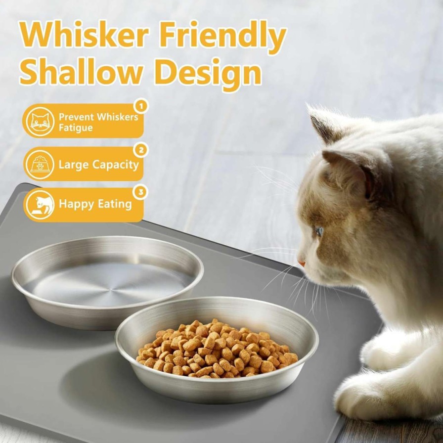 cat food dry Petdream | 5.9'' Wide Whisker Friendly Cat Bowl, Sus 304 Stainless Steel Cats Bowls Set, 2 Pcs Shallow Metal Water Bowl With Non Slip Pads, Indoor Kitten Feeding Wet & Dry Food Dish To Prevent Whisker Fatigue