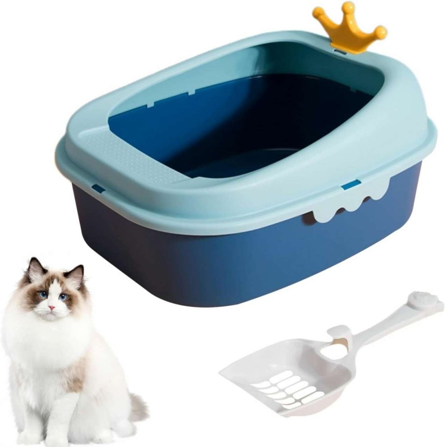 cat litter Kwude | Kwude Cat Litter Box With Heightening Anti-Splashing Cat Toilet With Litter Sifting Scoop, Semi-Enclosed Removable Prevent Sand Leakage Deodorizing Cat Pan Easy To Clean And Assemble (Small, Blue)