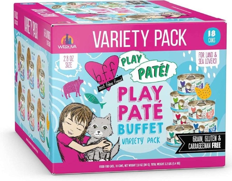 cat food Weruva | B.F.F. Play - Best Feline Friend Pate Lovers, Aw Yeah!, Blue Pate Buffet Variety Pack, 2.8Oz Can (Pack Of 18)