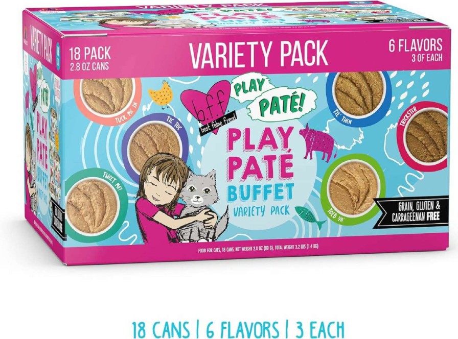 cat food Weruva | B.F.F. Play - Best Feline Friend Pate Lovers, Aw Yeah!, Blue Pate Buffet Variety Pack, 2.8Oz Can (Pack Of 18)