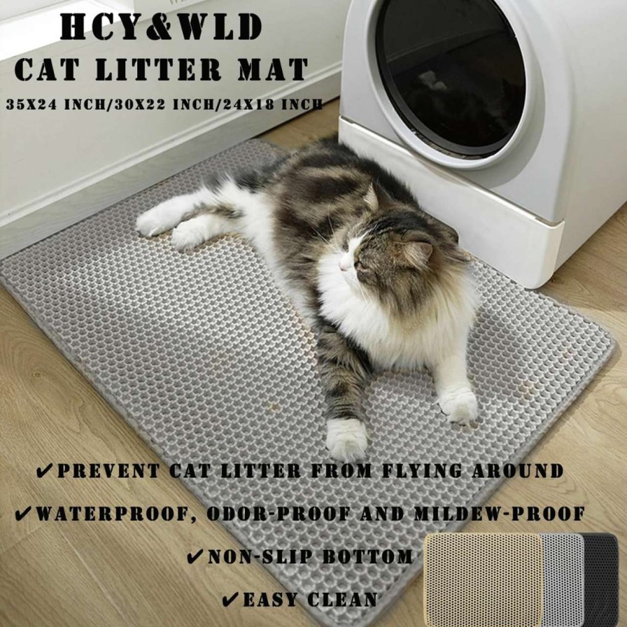 cat litter HCY&WLD | Hcy&Wld Cat Litter Mat, 35X24 Inch/30X22 Inch/24X18 Inch Double Layer Cat Litter Box Mat, Eva Non-Slip, Waterproof Urine Proof Cat Litter Catcher Mat, Easy Clean Scatter Control (24X18 Inch, Khaki)