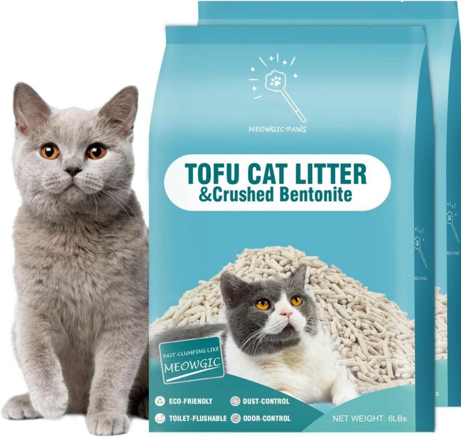 cat litter Meowgic Paws | Meowgic Paws Cat Litter, Odor Control Clumping Bentonite Tofu Cat Litter, Low Tracking Lightweight Flushable Unscented Natural Kitty Litter, Dust Free, 12 Lbs