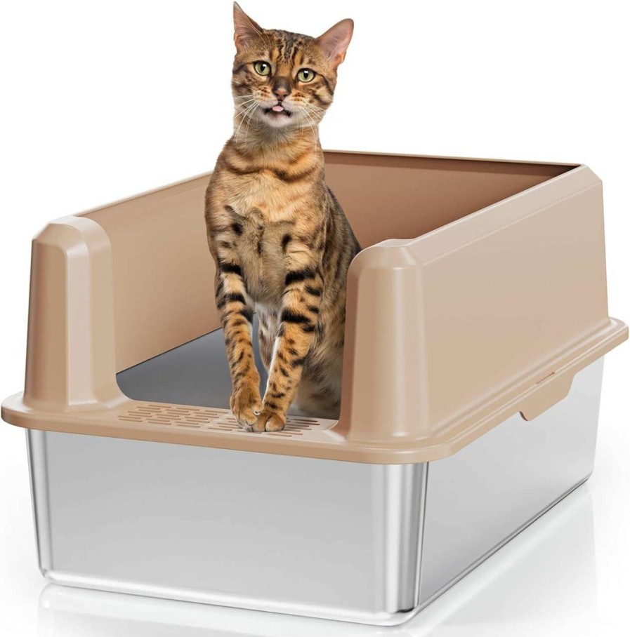 cat litter Suitfeel | Suitfeel Enclosed Stainless Steel Litter Box, Xl Metal Litter Box With High Side, Extra Large Litter Box For Big Cats, Easy Clean Kitty Litter Box Non-Stick, Anti-Leakage, Include Litter Scoop