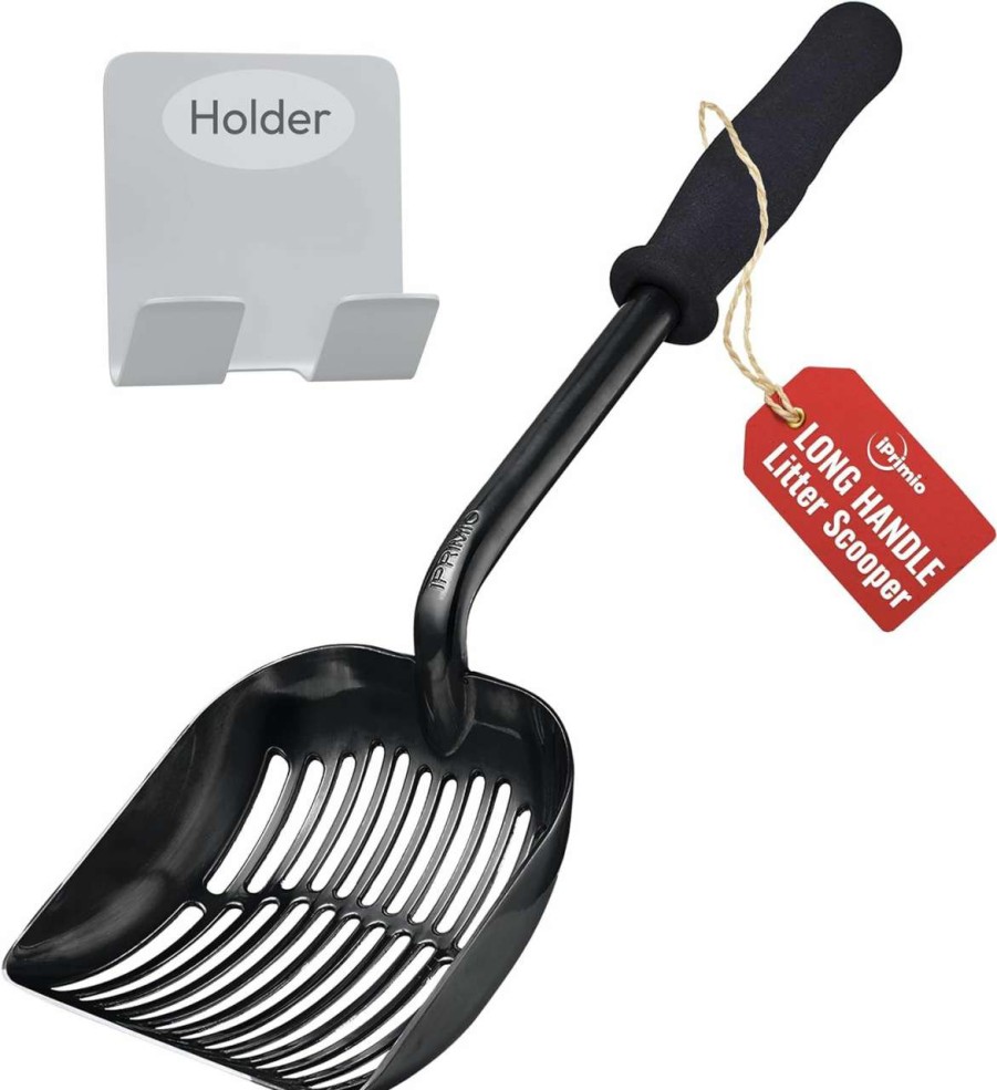 cat litter iPrimio | Iprimio Cat Litter Scoop Metal W/ Deep Shovel, Black - Non Stick Plated Aluminum Cat Litter Scooper With Holder - Litter Box Scooper - Metal Cat Litter Scoop - Patented Sifter W/ Holder - Solid Handle