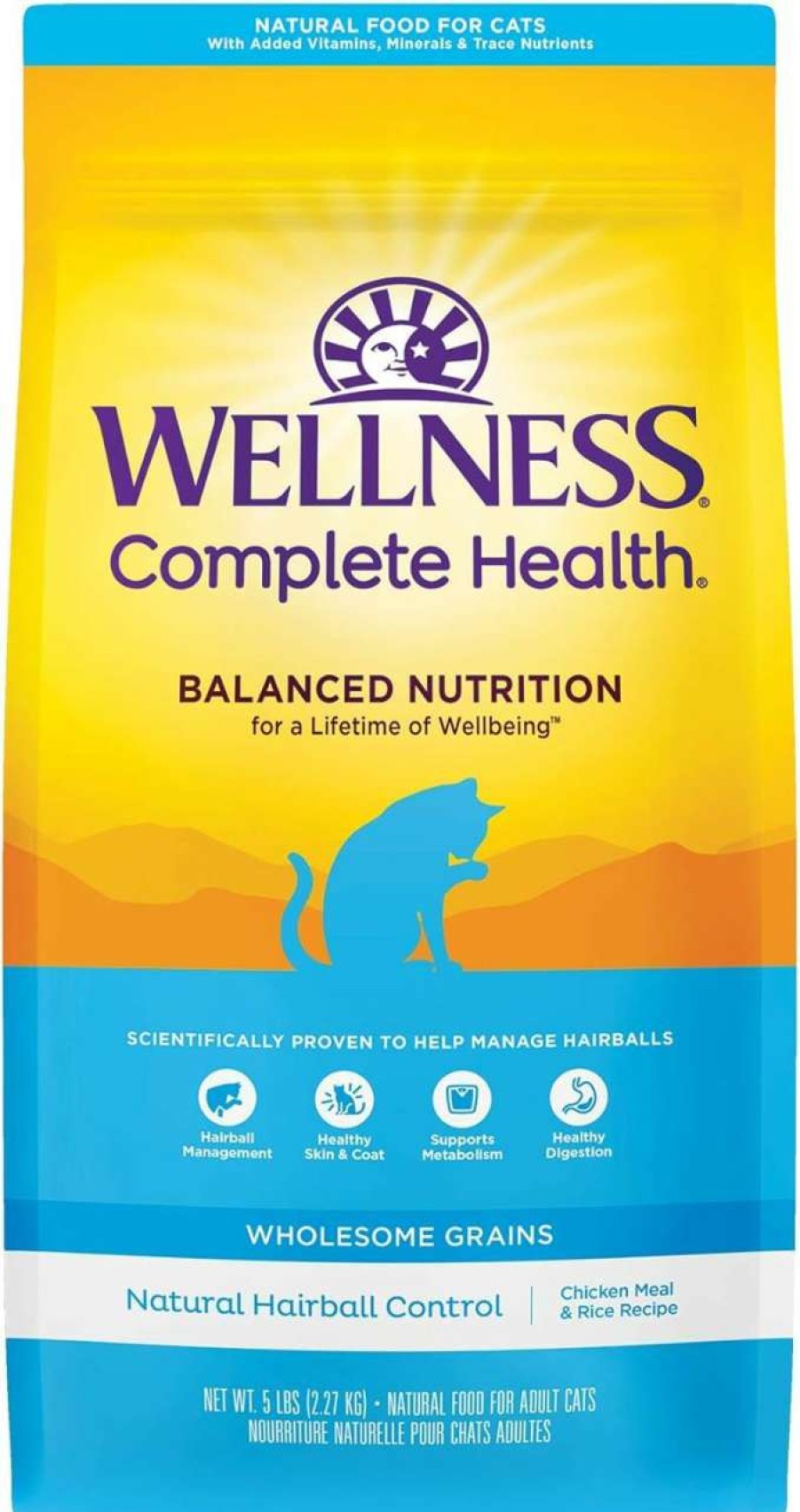 cat food dry Wellness | Wellness Complete Health Natural Dry Cat Food With Wholesome Grains, Made In Usa With Real Meat (Adult Cat, Chicken & Chicken Meal Recipe, 5-Pound Bag)