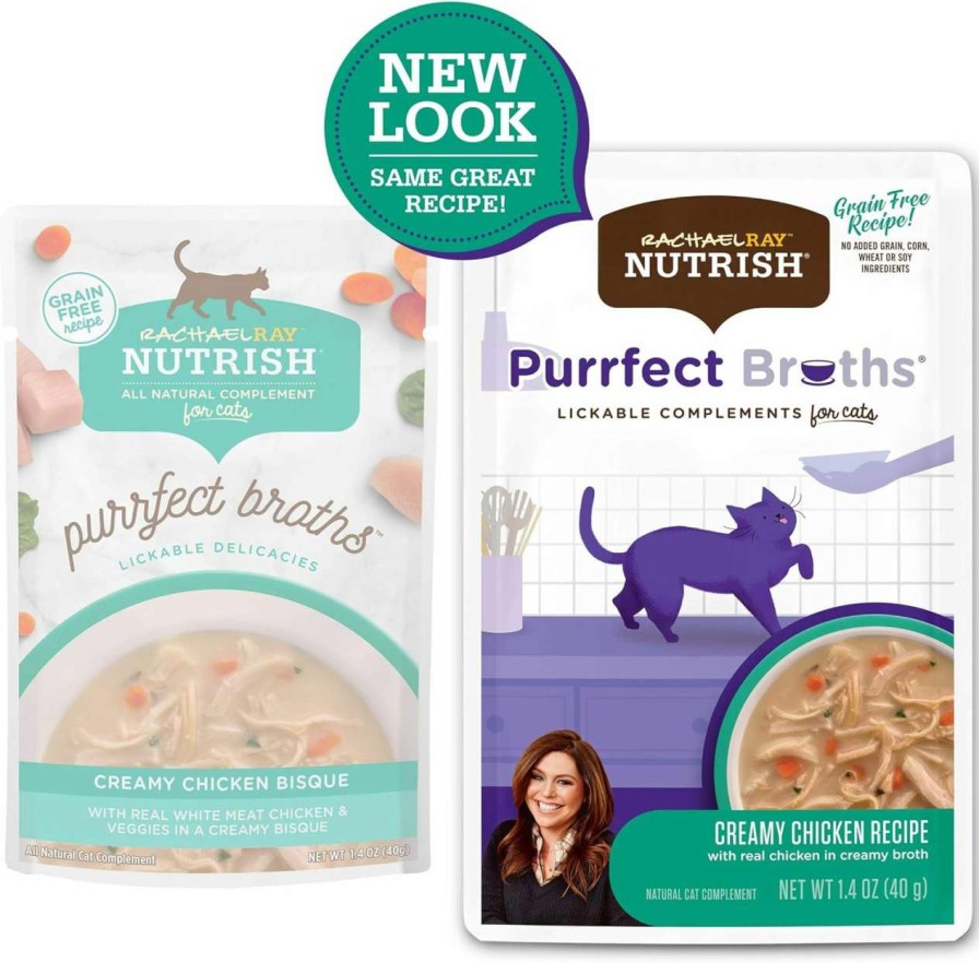 cat food wet Rachael Ray Nutrish | Rachael Ray Nutrish Purrfect Broths Natural Wet Cat Food, Creamy Chicken Bisque With White Meat Chicken & Veggies Recipe, 1.4 Ounce Pouch, Grain Free (Pack Of 24)