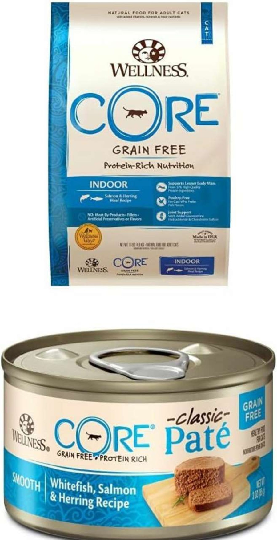 cat food Wellness | Wellness Core Grain-Free Indoor Cat Salmon Dry + Wet Food Bundle: 11 Lb. Dry Cat Food + 12 Pack Of Pate Wet Food, 3 Oz Cans