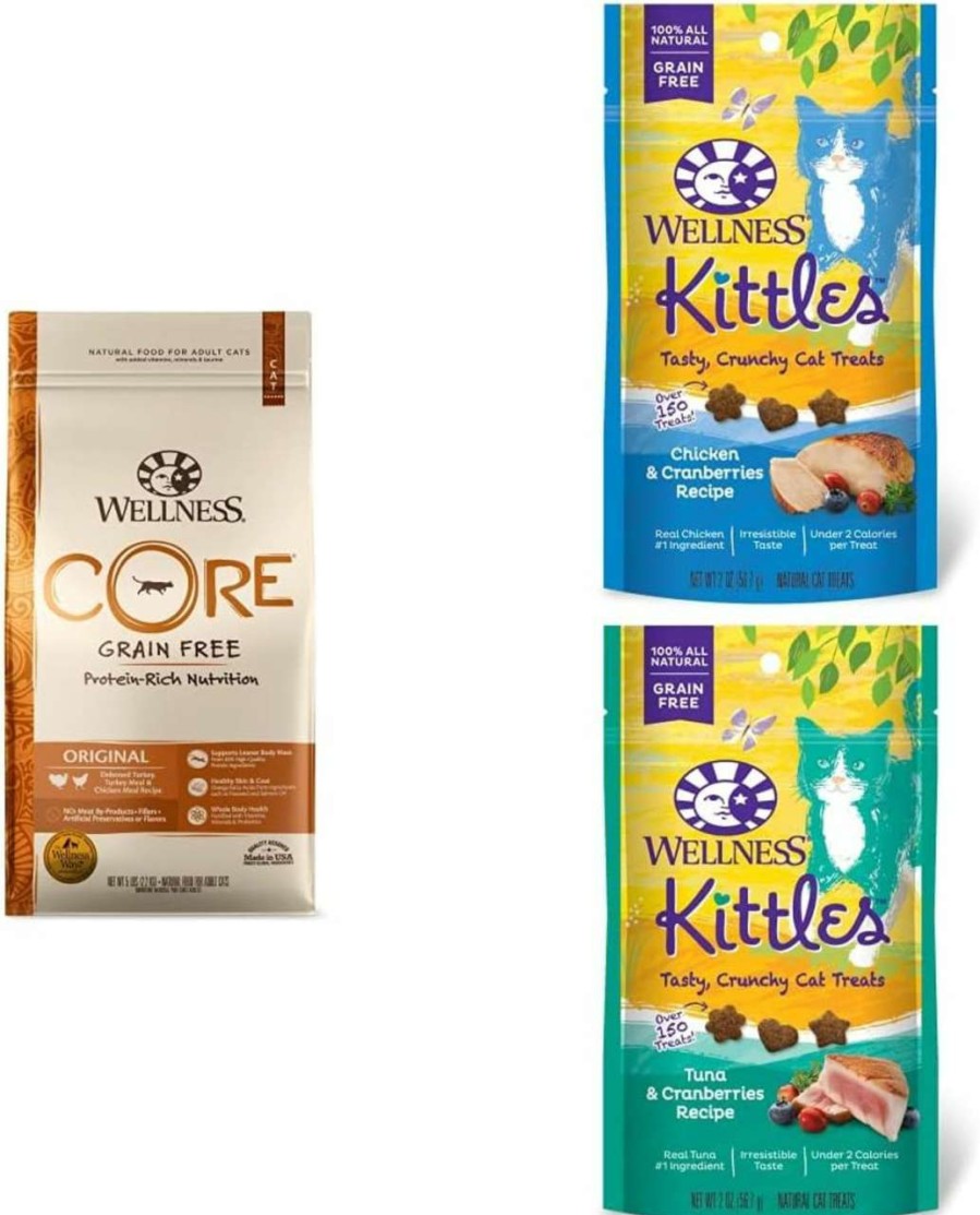 cat food dry Wellness | Wellness Core Grain Free Dry Cat Food, Original Recipe, Turkey, 5 Pound Bag Bundle + 2 Pack Of Wellness Kittles Natural Grain Free Cat Treats (Chicken & Tuna)