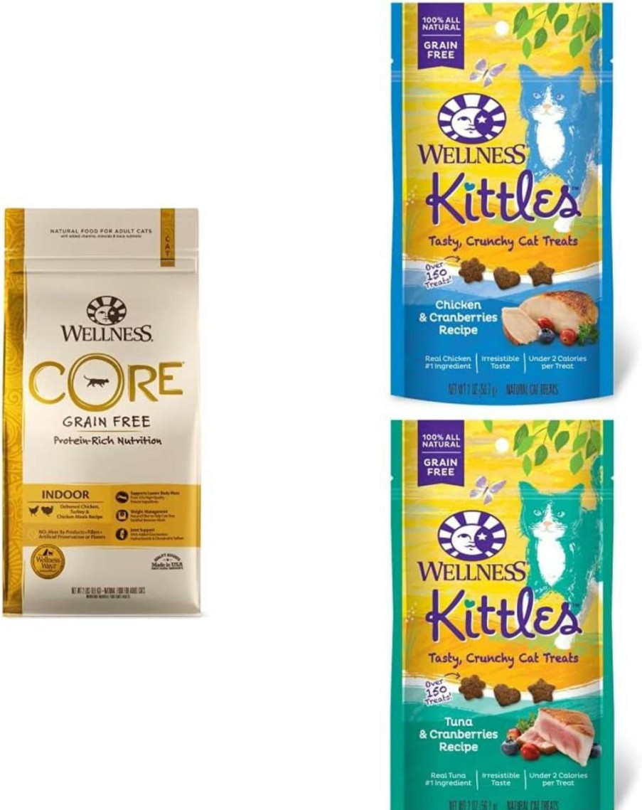 cat food dry Wellness | Wellness Core Grain Free Dry Cat Food, Original Recipe, Turkey, 5 Pound Bag Bundle + 2 Pack Of Wellness Kittles Natural Grain Free Cat Treats (Chicken & Tuna)