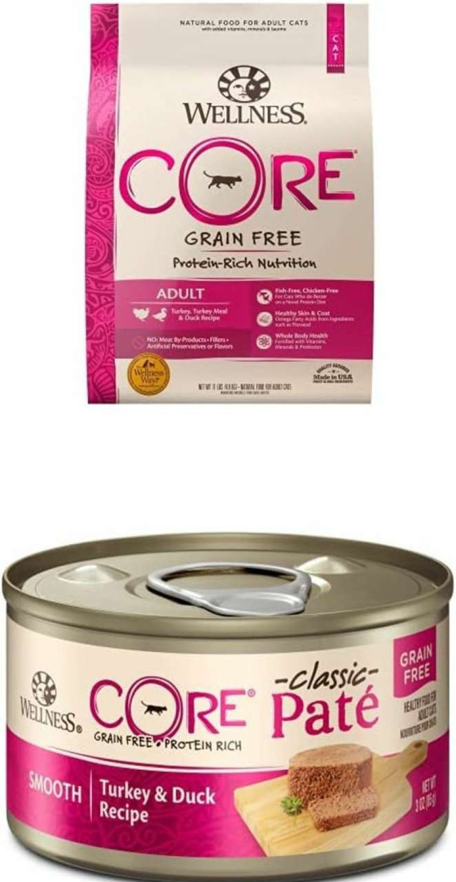 cat food Wellness | Wellness Core Grain-Free Adult Cat Turkey And Duck Dry + Wet Food Bundle: 11 Lb. Dry Cat Food + 12 Pack Of Pate Wet Food, 3 Oz Cans