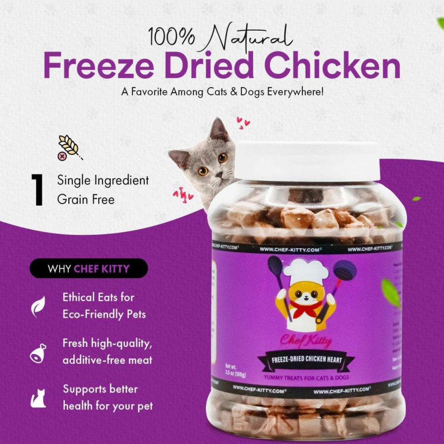 cat food Chef Kitty | Chef Kitty Freeze Dried Chicken Hearts For Cats - Made From 100% Raw Chicken Heart Our Freeze Dried Cat Treats Use Only 1 Ingredient - We Make Our Freeze Dried Treats In The Usa - Chicken Heart 1.75Oz