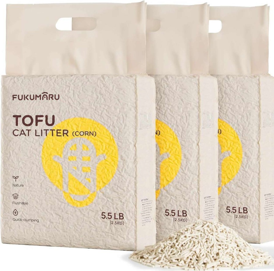 cat litter FUKUMARU | Fukumaru Tofu Cat Litter Natural Unscented, Dust Free Cat Litter, Flushable Cat Litter Quick Clumping, Lightweight, Low Tracking Cat Litter Pellets, Effective Odor Control, 16.5 Lbs (3 Packs)