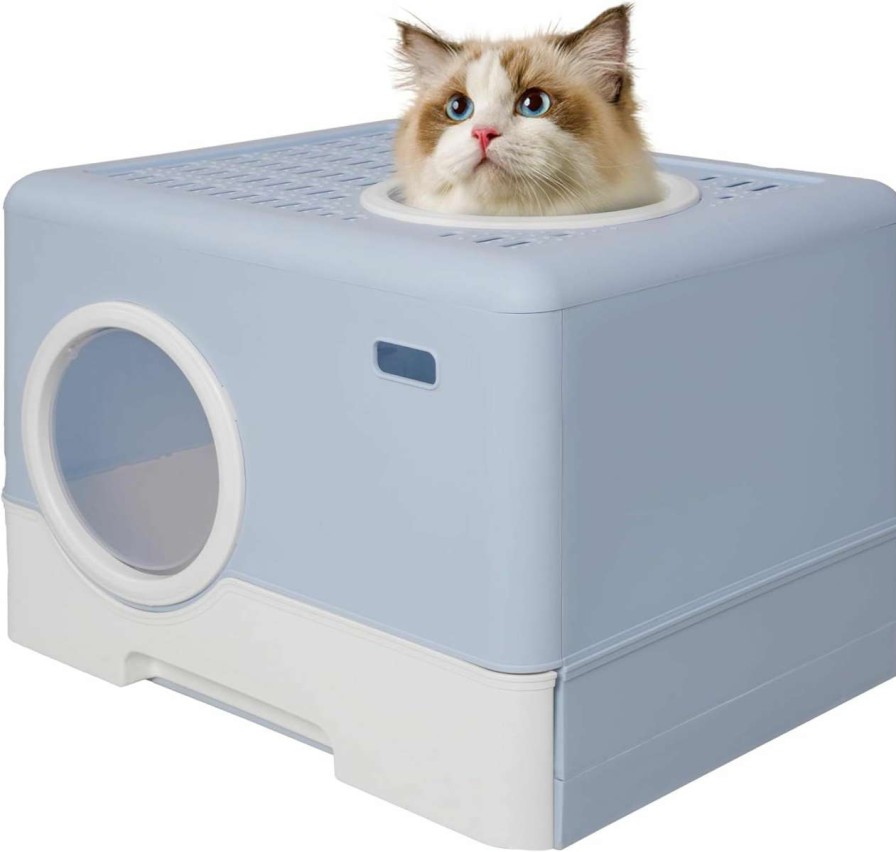 cat litter Vilobos | Large Enclosed Front Entry Cat Litter Box With Lid, Anti-Splashing Litter Box With Scoop, Plastic Litter Pan Tray With High Wall Sides, Indoor Odorless Drawer Type Cat Toilet, Blue