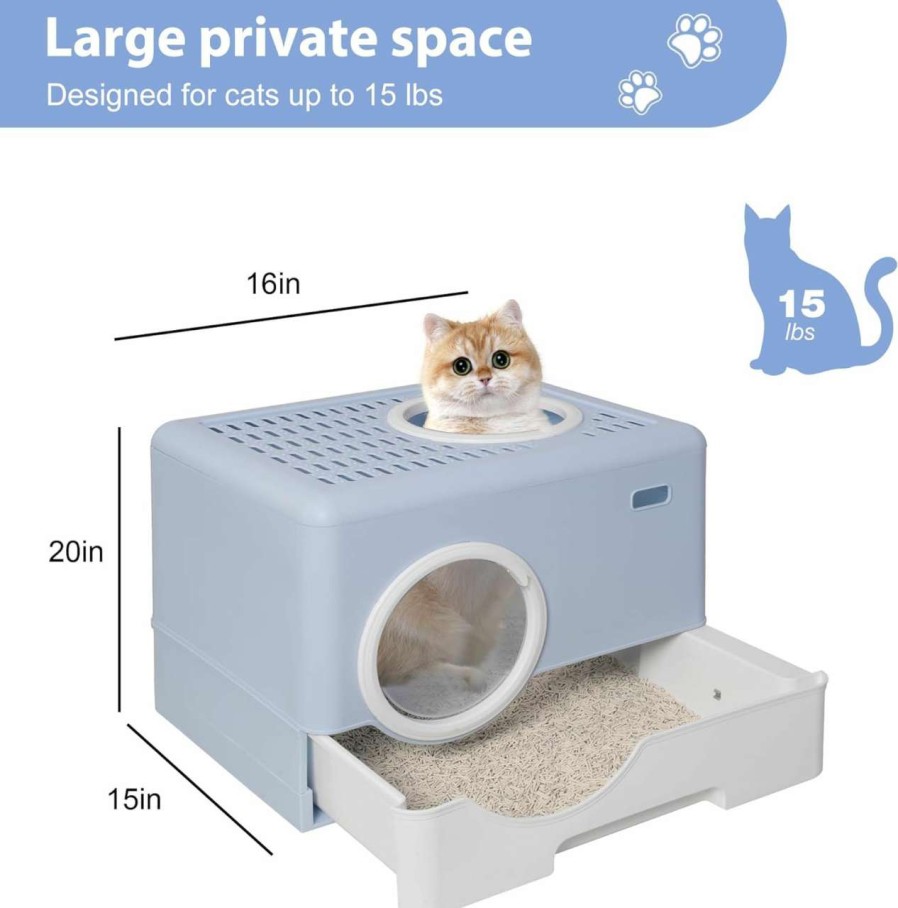 cat litter Vilobos | Large Enclosed Front Entry Cat Litter Box With Lid, Anti-Splashing Litter Box With Scoop, Plastic Litter Pan Tray With High Wall Sides, Indoor Odorless Drawer Type Cat Toilet, Blue