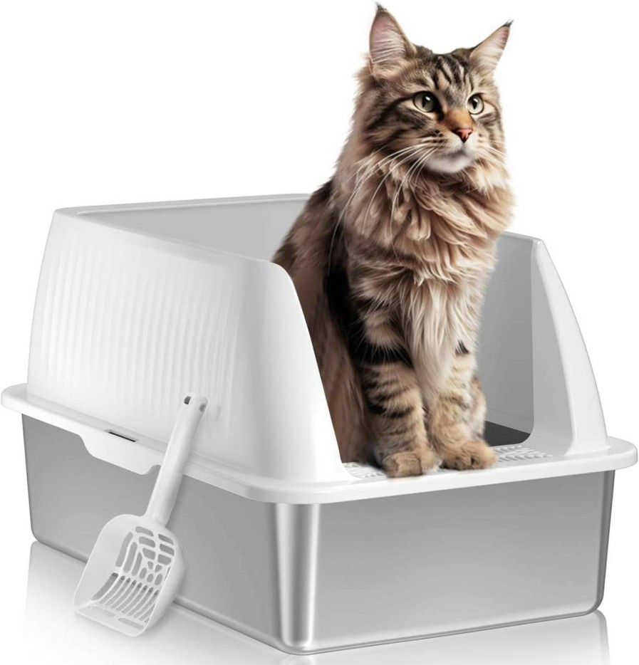 cat litter PETTERM | Petterm Stainless Steel Cat Litter Box With Lid Extra Large Metal Litter Box High Sided Litter Box For Big Cats With Scoop Easy Cleaning Non-Sticky Anti-Urine Leakage