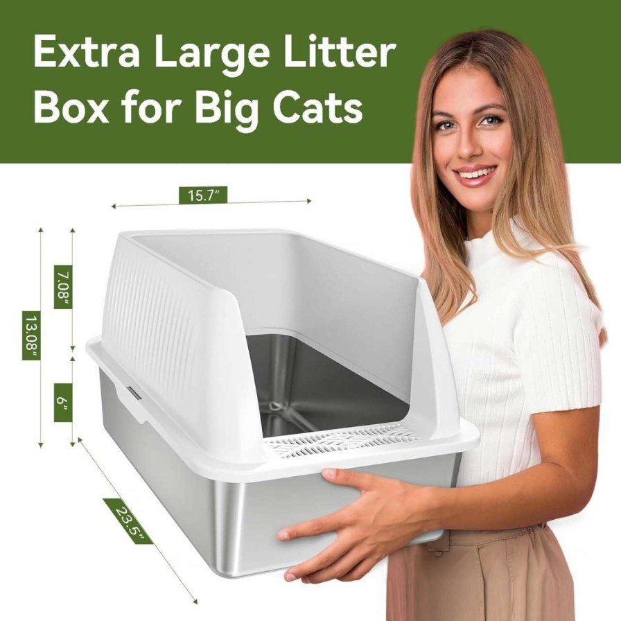 cat litter PETTERM | Petterm Stainless Steel Cat Litter Box With Lid Extra Large Metal Litter Box High Sided Litter Box For Big Cats With Scoop Easy Cleaning Non-Sticky Anti-Urine Leakage