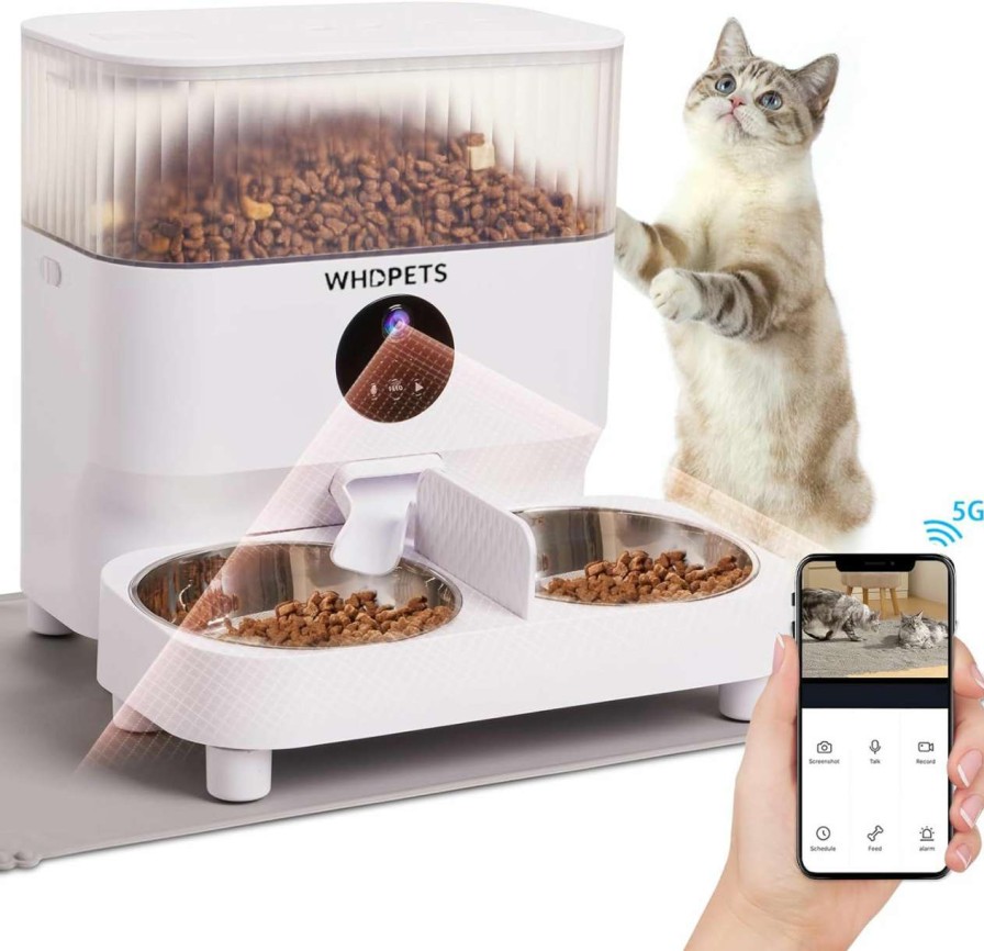 cat food WHDPETS | Automatic Cat Feeders, Whdpets 5G Wifi Cat Food Dispenser With 1080P Camera For 2 Cats & Dogs, 5L Pet Feeder With Feeding Mat, App Control, 2-Way Audio,Dual Power Supply