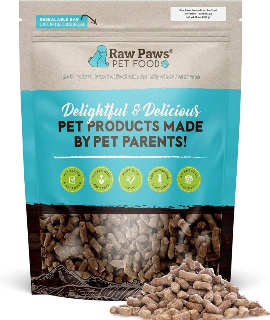 cat food dry Raw Paws | Raw Paws Freeze-Dried Pet Food For Ferrets - Beef Recipe, 16-Oz - Made In Usa - Premium, Grain Free Ferret Diet For Small, Adult, Senior & Baby Ferrets - Natural Ferret Treats For Rewarding & Training