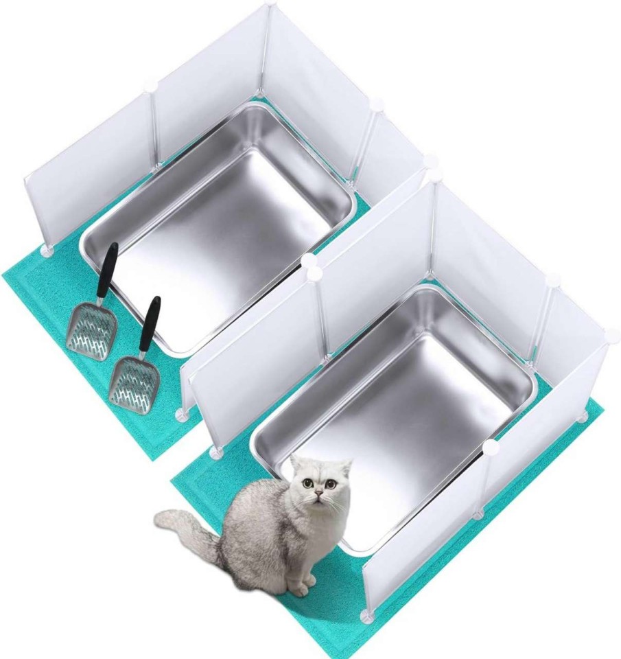 cat litter Pinkunn | Pinkunn 2 Set Large Stainless Steel Litter Box Metal Litter Box Include 2 Cat Litter Scoop,12 Litter Splash Guard And 2 Cat Litter Mat,Never Absorbs Odor (Cream White,7.9 Inch)