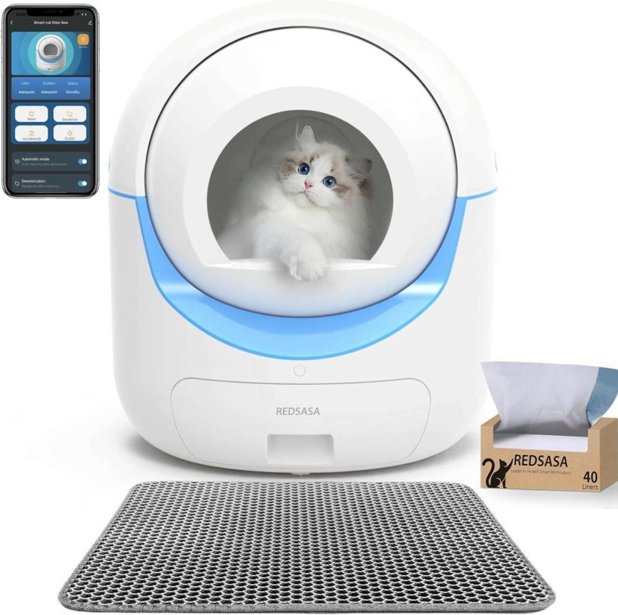 cat litter REDSASA | Redsasa Self Cleaning Litter Box, Automatic Cat Litter Box For Multi Cats, Smart Safety Protection Cat Litter Box, Odor Isolation/App Control, Large Capacity Litter Box With Liner Bags/Mat/Toys