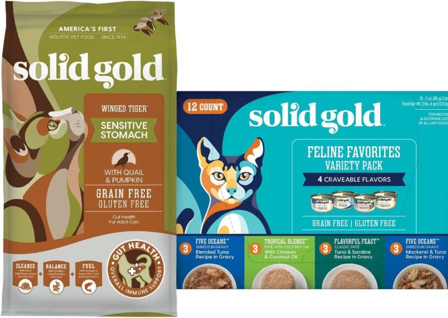 cat food dry Solid Gold | Solid Gold Sensitive Stomach Dry Cat Food - Made With Real Quail And Pumpkin For Gut Health And Immune Support - 3Lb - Wet Cat Food Variety Pack - Wet Cat Food Pate & Shreds In Gravy Recipes - 12 Pack