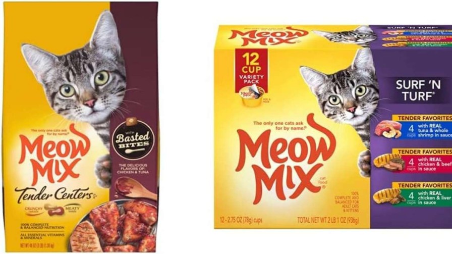 cat food Meow Mix | Meow Mix Tender Centers Basted Bites Dry Cat Food, Chicken & Tuna Flavor, 3 Pound (Pack Of 4) + Tender Favorites Wet Cat Food Surf 'N Turf Variety Pack, 2.75 Ounce (Pack Of 48) Bundle