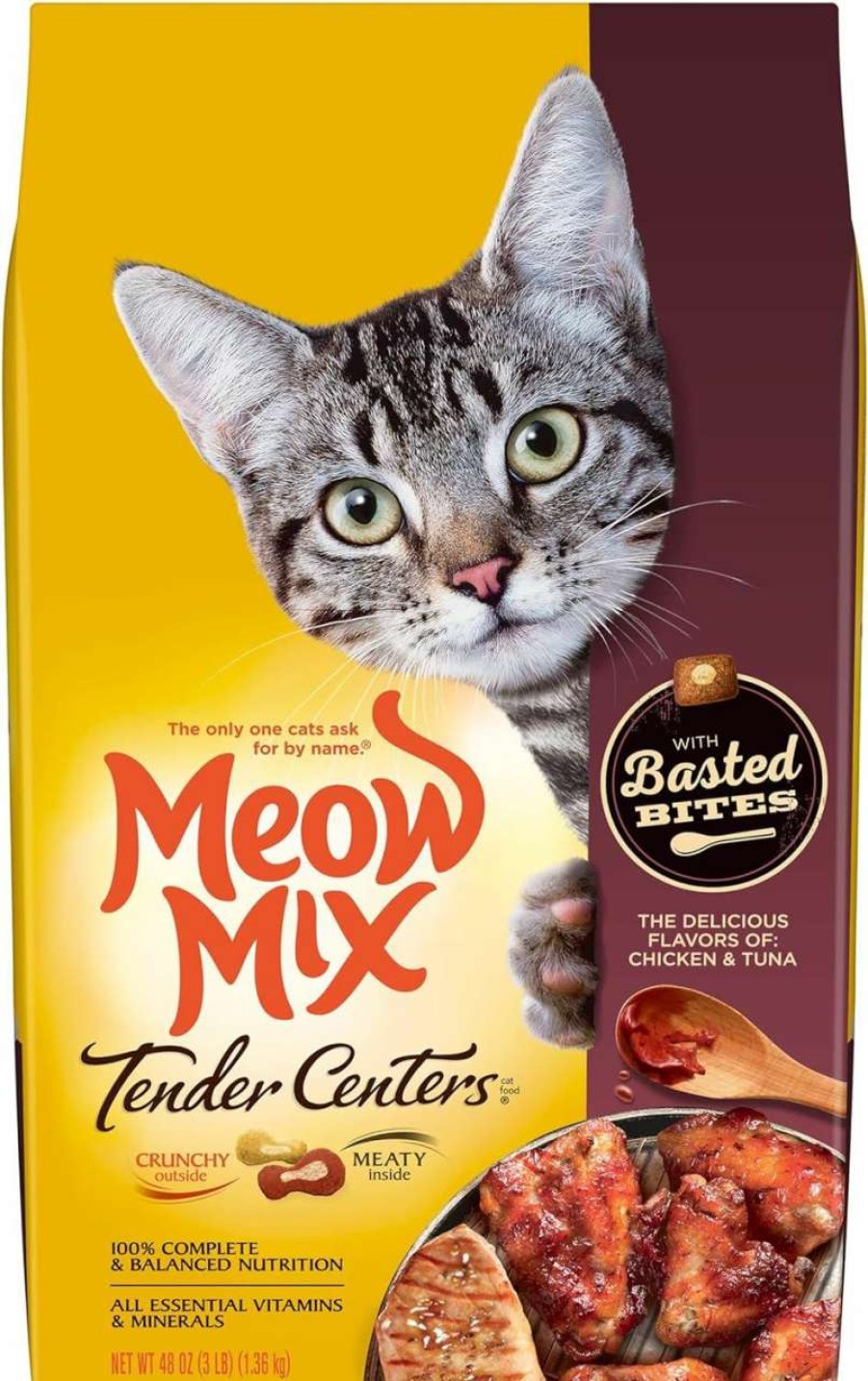 cat food Meow Mix | Meow Mix Tender Centers Basted Bites Dry Cat Food, Chicken & Tuna Flavor, 3 Pound (Pack Of 4) + Tender Favorites Wet Cat Food Surf 'N Turf Variety Pack, 2.75 Ounce (Pack Of 48) Bundle