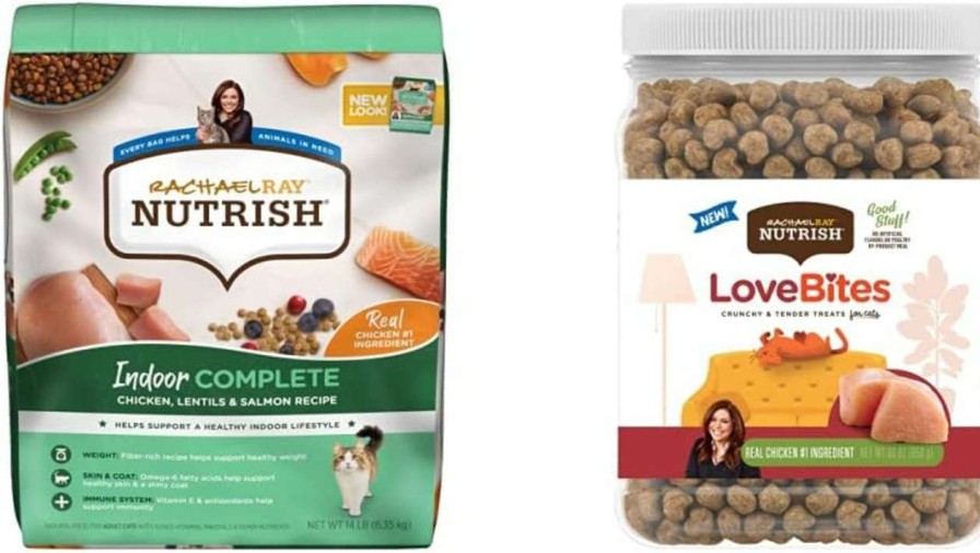 cat food Rachael Ray Nutrish | Rachael Ray Nutrish Indoor Complete Chicken, Lentils & Salmon 14 Pounds Dry Cat Food + Love Bites Chicken 30 Ounce Cat Treats Bundle