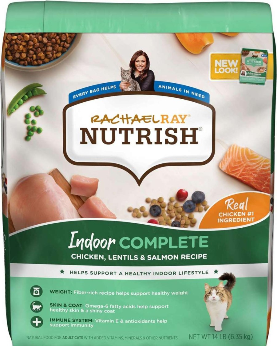 cat food Rachael Ray Nutrish | Rachael Ray Nutrish Indoor Complete Chicken, Lentils & Salmon 14 Pounds Dry Cat Food + Love Bites Chicken 30 Ounce Cat Treats Bundle