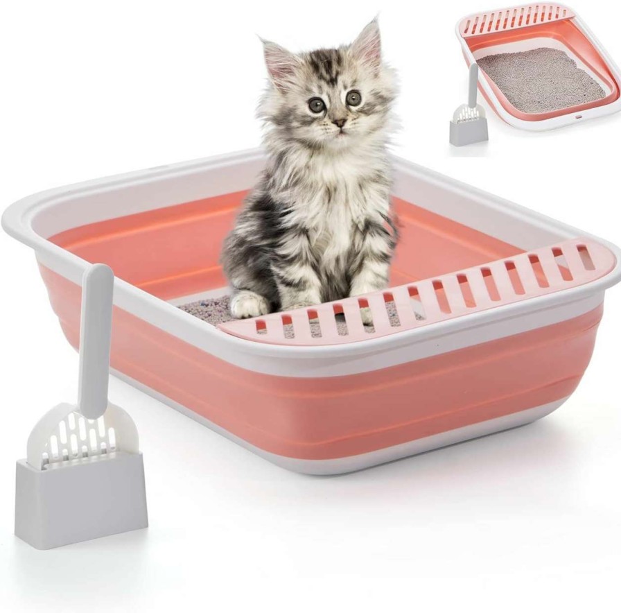 cat litter QYJinlida | Foldable Cat Litter Box With Fashion Cat Litter Scoop, Collapsible Small Cat Litter Box Kitten Open Potty Pan For Sick Frail Handicap Disabled Cat Older Elderly Cat Travel Litter Box (20.7\"L X 15.5\"W)