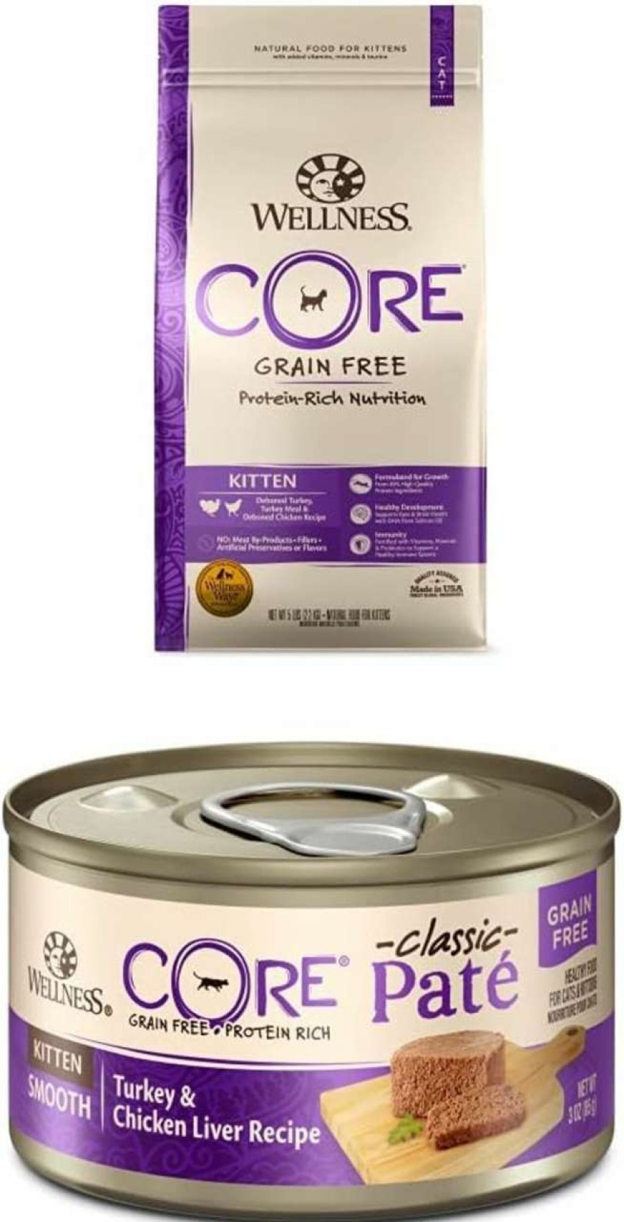 cat food Wellness | Wellness Core Grain-Free Kitten Dry + Wet Food Bundle: 5 Lb. Dry Cat Food + 12 Pack Of Pate Wet Food, 3 Oz Cans