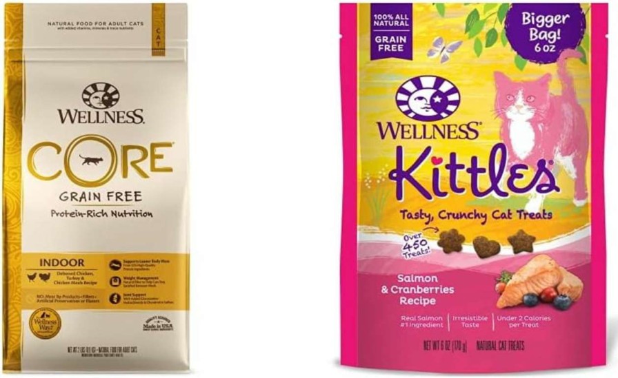 cat food Wellness Natural Pet Food | Wellness Core Grain-Free Indoor Dry Cat Food, 2 Lb. Bundle + Wellness Kittles Natural Grain Free Cat Treats (Chicken, 2 Oz)