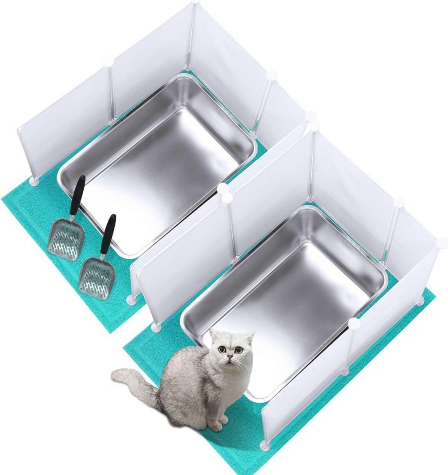 cat litter Pinkunn | Pinkunn 2 Set Large Stainless Steel Litter Box Metal Litter Box Include 2 Cat Litter Scoop,12 Litter Splash Guard And 2 Cat Litter Mat,Never Absorbs Odor (Blue,7.9 Inch)