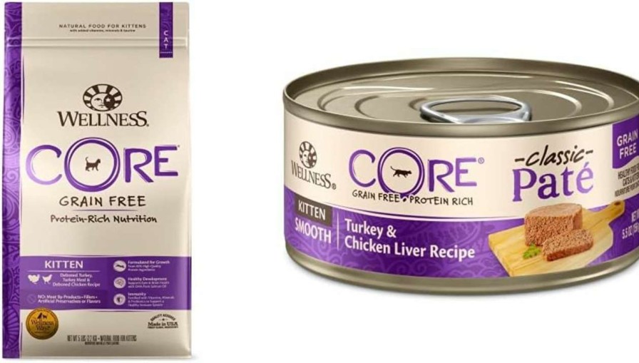 cat food wet Wellness | Wellness Core Grain-Free Kitten Dry + Wet Food: Dry Cat Food, 5 Pound Bag + Core Grain Free Wet Canned Cat Food, Kitten Turkey & Chicken Liver, 5.5-Ounce Can (24 Count)