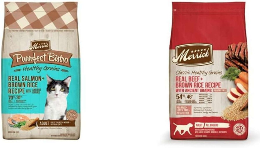 cat food Merrick | Merrick Ancient Grains Dog Food And Cat Food Bundle, Purrfect Bistro Dry Cat Food Salmon Recipe, Healthy Grains Dry Dog Food Beef Recipe