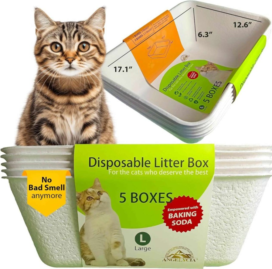 cat litter ANGELYCIA | Angelycia Disposable Litter Boxes For Cats | Baking Soda Effect And Maximum Odor Control |17.1"L, 12.6"W, 6.6"H | Recycled White Paper | Durable And Water Resistant | Large Size (Large- 3 Pieces)