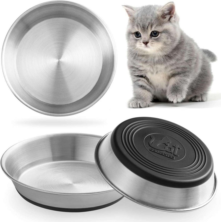 cat food WROSWT | Wroswt Stainless Steel Cat Bowls,Whisker Friendly Shallow Cat Dishes For Food And Water,Non-Slip Silicone Bottom,Heavy Duty,Replacement Kitten Metal Plate For Elevated Stands,2 Pack