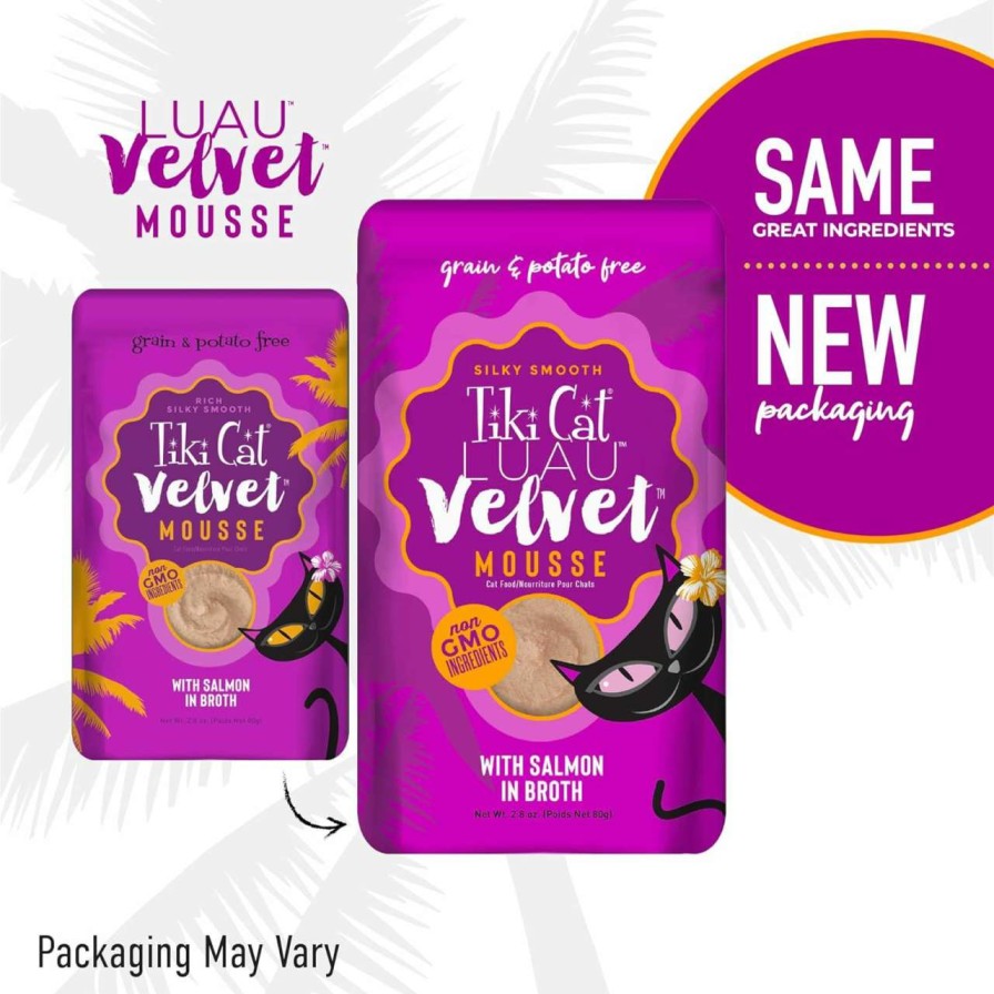 cat food wet TIKI PETS | Tiki Cat Luau Velvet Mousse, Chicken & Salmon In Broth, Complete Nutrition For Balanced Diet, Wet Cat Food For All Life Stages, 2.8 Oz. Pouch (Pack Of 12)