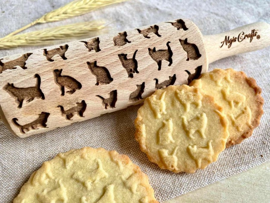 cat food Algis Crafts | Kid Rolling Pin Meow Cats For Embossed Cookies. Laser Engraved Dough Roller For Handmade Cookies Gift For Kid Boy, Girl Birthday By Algis Crafts