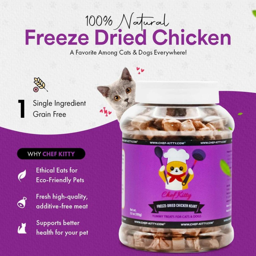 cat food dry Chef Kitty | Chef Kitty Freeze Dried Chicken Hearts For Cats - Made From 100% Raw Chicken Heart Our Freeze Dried Cat Treats Use Only 1 Ingredient - We Make Our Freeze Dried Treats In The Usa - Chicken Heart 3.5Oz