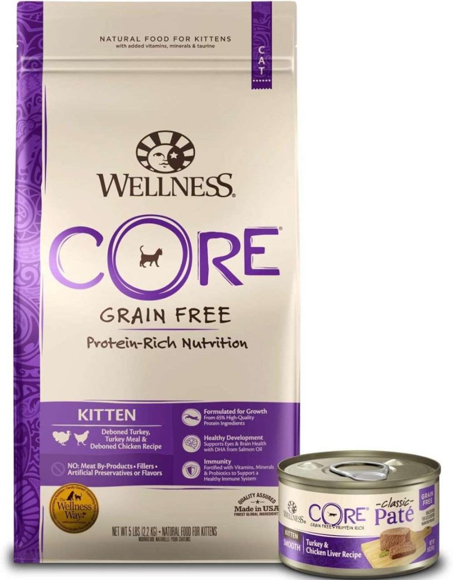 cat food Wellness Natural Pet Food | Wellness Core Grain-Free Kitten Formula Dry Cat Food, 2 Pound Bag + Wet Canned Cat Food, Kitten Turkey & Chicken Liver, 3 Oz Can - 12-Pack