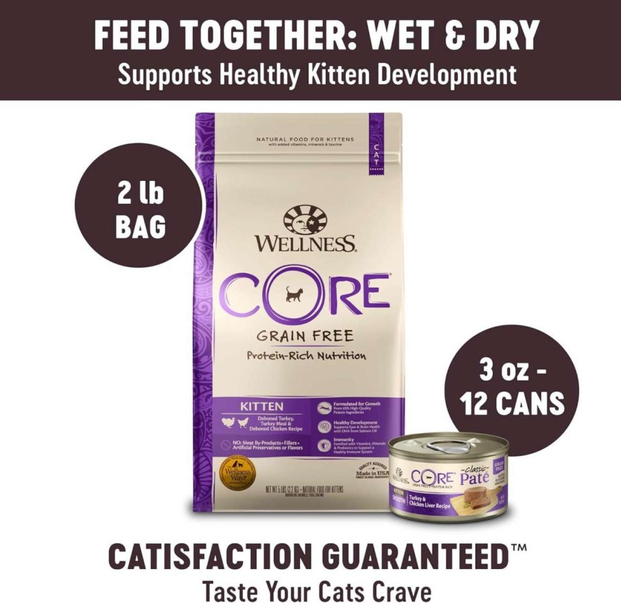 cat food Wellness Natural Pet Food | Wellness Core Grain-Free Kitten Formula Dry Cat Food, 2 Pound Bag + Wet Canned Cat Food, Kitten Turkey & Chicken Liver, 3 Oz Can - 12-Pack