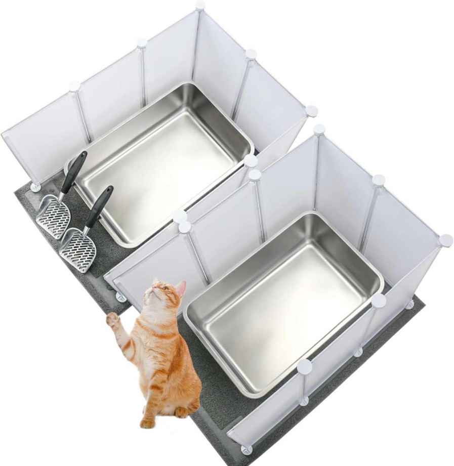 cat litter Essenhome | Essenhome Extra Large Giant Stainless Steel Litter Box For Cats(24 X 16 X 6 Inches) With Metal Cat Litter Scoop,8 Litter Splash Shield And Cat Litter Mat,Easy Clean,Non Stick,Odor Control