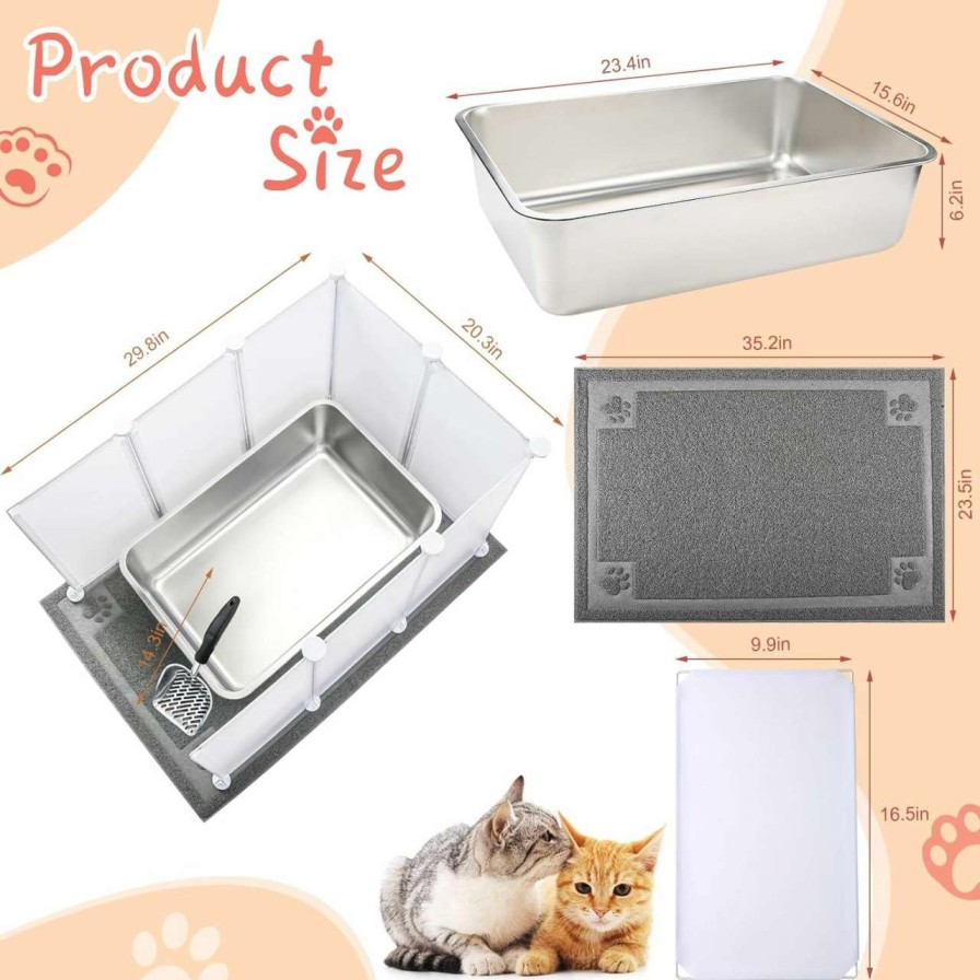 cat litter Essenhome | Essenhome Extra Large Giant Stainless Steel Litter Box For Cats(24 X 16 X 6 Inches) With Metal Cat Litter Scoop,8 Litter Splash Shield And Cat Litter Mat,Easy Clean,Non Stick,Odor Control