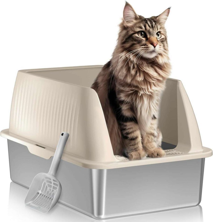 cat litter PETTERM | Petterm Stainless Steel Litter Box Xxl Cat Litter Box With Lid Extra Large Cappuccino Enclosed Metal Litter Pan With High-Sided And Scoop, Rust-Resistant & Odor-Control, Easy Cleaning For Large Cats